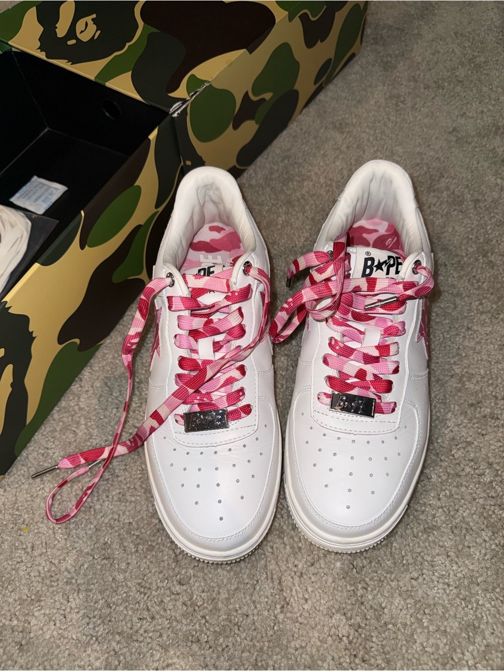 Bape White Sneakers with Pink Camo Details